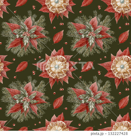 Vintage Christmas seamless pattern of red poinsettia flowers,holly leaves with berries, spruce branches lace bow brooch with silk insert in beige with pearl and beads on dark green background Vintage Christmas seamless pattern of red poinsettia flowers,holly leaves with berries, spruce branches lace bow brooch with silk insert in beige with pearl and beads on dark green background 132227428