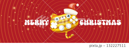 Cute cat gamepad cartoon character vector illustration, striped kitty character wearing a Santa hat, Merry Christmas holiday greeting design, stickers, labels, cards and celebration wide banners 132227511