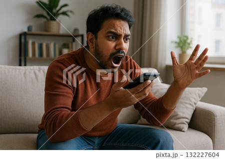 Expressive south asian man engaged in intense phone conversation on sofa at home. concept of communication, emotion, digital interaction 132227604