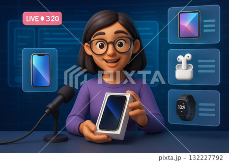 Woman unboxing gadget during live stream with smartphone, tablet, earphones, smartwatch as viewers tune in for exciting new technology reveal, concept of tech enthusiasm, connectivity 132227792