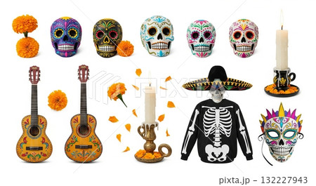 Colorful day of the dead celebration featuring decorated skulls, marigolds, and skeleton costume. concept of mexican tradition, festive decor, cultural symbolism, SET Colorful day of the dead celebration featuring decorated skulls, marigolds, and skeleton costume. concept of mexican tradition, festive decor, cultural symbolism, SET 132227943