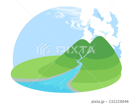 ヴィネット風の山から流れる川と色々な種類の雲の背景イラスト ヴィネット風の山から流れる川と色々な種類の雲の背景イラスト 132228046