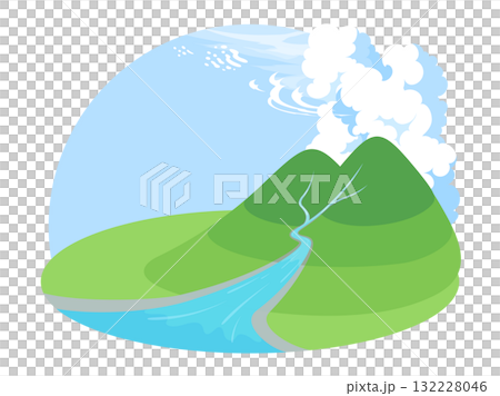 背景插圖：一條河流從一座小插圖風格的山上流過，還有各種類型的雲 132228046