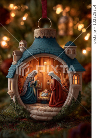 A close-up of a beautifully sculpted, traditional Holy Family A close-up of a beautifully sculpted, traditional Holy Family 132228214