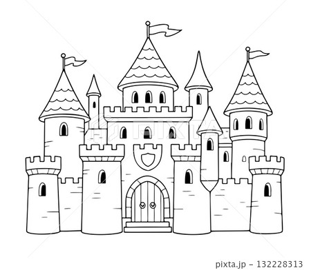 Castle outline icon. Doodle style. Hand drawn black and white isolated icon Castle outline icon. Doodle style. Hand drawn black and white isolated icon 132228313