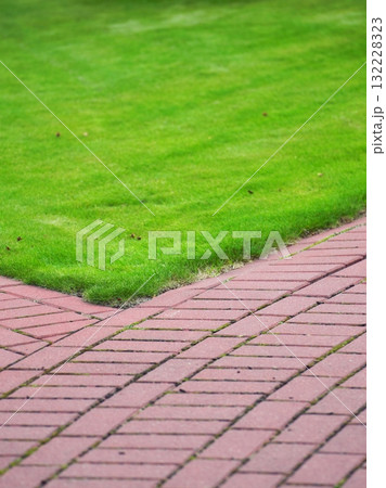 Garden stone path with grass, Brick Sidewalk 132228323