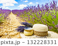 Summer hat and jar with honey at lavender field. Holidays in France. 132228331