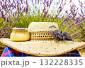 Summer hat and jar with honey at lavender field. Holidays in France. 132228335