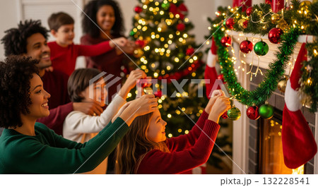 Diverse family decorating christmas tree and fireplace with ornaments and garlands in a cozy living room, joyful holiday atmosphere. concept of festive celebration, family traditions, unity 132228541