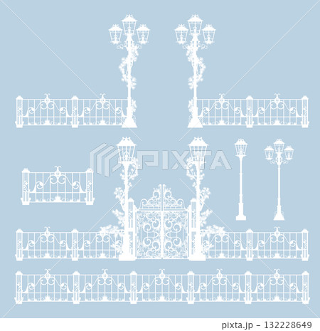 winter season fairy tale fence and gates vector silhouette design set 132228649