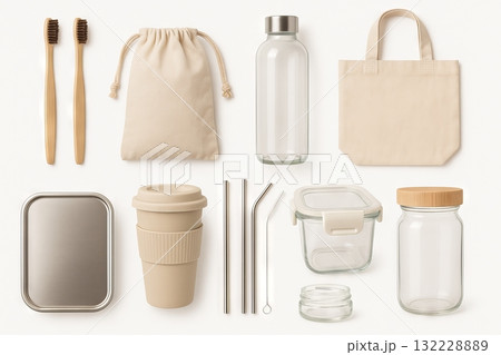 Eco-friendly products on white background featuring reusable tote bags, glass jars, stainless steel straws, bamboo toothbrushes, sustainable packaging, zero waste lifestyle, SET Eco-friendly products on white background featuring reusable tote bags, glass jars, stainless steel straws, bamboo toothbrushes, sustainable packaging, zero waste lifestyle, SET 132228889