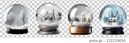 Crystal ball snow globe on transparent background cutout. PNG file. Many assorted different design. Mockup template for artwork design 132229056