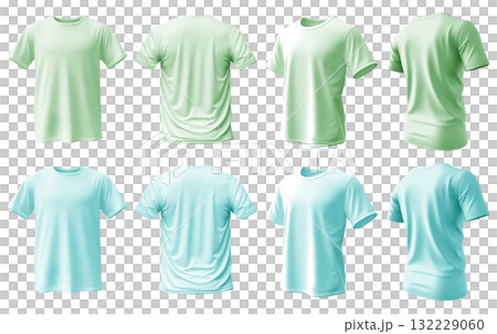 2 Set of pastel light blue green aqua tee t shirt round neck front, back and side view on transparent background cutout, PNG file. Mockup template for artwork graphic design 2 Set of pastel light blue green aqua tee t shirt round neck front, back and side view on transparent background cutout, PNG file. Mockup template for artwork graphic design 132229060
