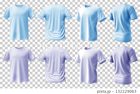 2 Set of pastel light blue purple violet tee t shirt round neck front, back and side view on transparent background cutout, PNG file. Mockup template for artwork graphic design 2 Set of pastel light blue purple violet tee t shirt round neck front, back and side view on transparent background cutout, PNG file. Mockup template for artwork graphic design 132229063