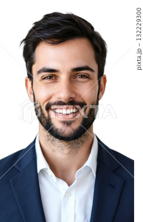 Businessman Smiling Confidently. A young Caucasian man with short dark hair and a beard, wearing a dark blue suit 132229300