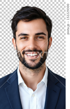 Businessman Smiling Confidently. A young Caucasian man with short dark hair and a beard, wearing a dark blue suit 132229300