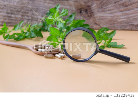 Holy basil with herb capsule and magnifier in wood spoon. Holy basil with herb capsule and magnifier in wood spoon. 132229418