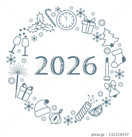 New year 2026 celebration wreath with symbols, ideal holiday background for festive designs New year 2026 celebration wreath with symbols, ideal holiday background for festive designs 132229537
