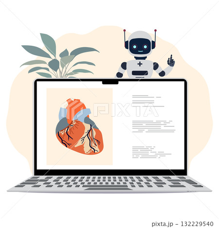 Robot and digital heart on laptop screen representing medical technology and innovation 132229540