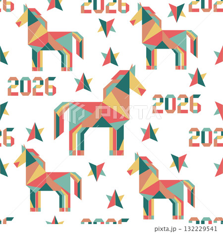 Geometric horse pattern with number 2026 and stars, seamless background for New Year celebration 132229541