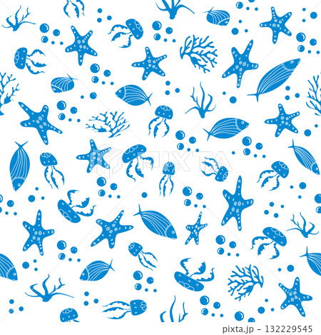 Marine pattern with starfish, fish, jellyfish, and coral in blue on white background 132229545