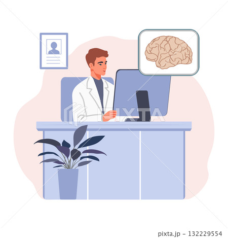 Doctor researching brain anatomy on computer, seated at desk in office setting 132229554