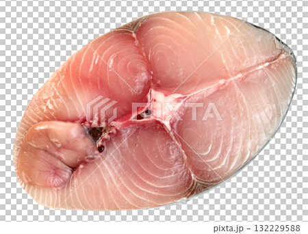 Close-up of a fresh raw fish steak, likely tuna or Spanish mackerel. Features firm pinkish flesh with visible muscle texture and central bone. Ideal for food concepts. 132229588