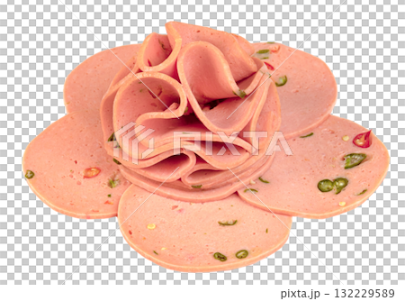 Close-up of thin slices of spiced bologna sausage, also known as luncheon meat, arranged decoratively on a white background. The pinkish-red meat contains visible green chili and red pepper pieces. Close-up of thin slices of spiced bologna sausage, also known as luncheon meat, arranged decoratively on a white background. The pinkish-red meat contains visible green chili and red pepper pieces. 132229589
