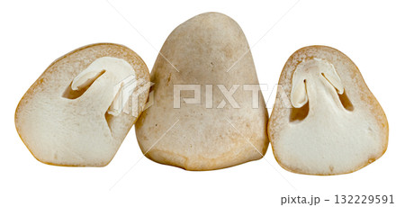 Fresh straw mushrooms (Volvariella volvacea) isolated. One whole mushroom is centered, flanked by two halves showing detailed internal gills and fleshy texture. Edible fungi. 132229591
