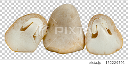 Fresh straw mushrooms (Volvariella volvacea) isolated. One whole mushroom is centered, flanked by two halves showing detailed internal gills and fleshy texture. Edible fungi. 132229591