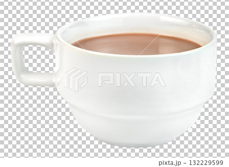 A white ceramic mug filled with a hot beverage, likely coffee, tea, or hot chocolate, Studio shot for food drink concepts, perfect for menus or ads. A white ceramic mug filled with a hot beverage, likely coffee, tea, or hot chocolate, Studio shot for food drink concepts, perfect for menus or ads. 132229599