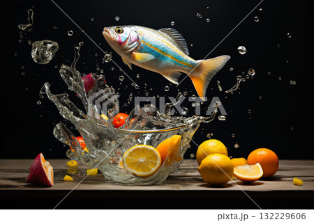 a goldfish jumps over berries and fruits with splashes of water on a dark background, delicious and beautiful food a goldfish jumps over berries and fruits with splashes of water on a dark background, delicious and beautiful food 132229606