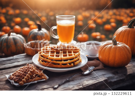still life of a cup of hot latte and waffers and pumpkins on an old wooden table against the background of beautiful autumn nature at sunset, decoration for Halloween still life of a cup of hot latte and waffers and pumpkins on an old wooden table against the background of beautiful autumn nature at sunset, decoration for Halloween 132229611