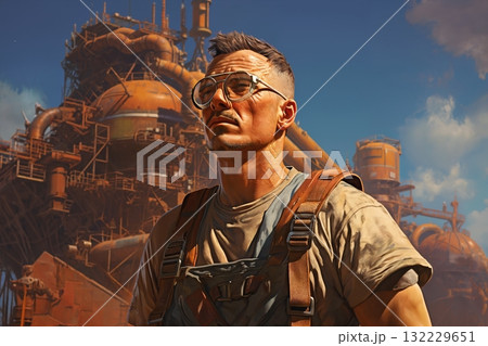 Portrait of a man dressed in overalls, outside a factory, on an alien planet, desert and rocks, futuristic style Portrait of a man dressed in overalls, outside a factory, on an alien planet, desert and rocks, futuristic style 132229651
