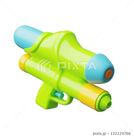 Water gun with refill water reservoir 3D cartoon plastic style, vector green game blaster kids spraying weapon toy 132229766