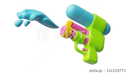 Water gun with refill water reservoir splashes, vector 3D cartoon colorful plastic kids game spraying pump blaster toy Water gun with refill water reservoir splashes, vector 3D cartoon colorful plastic kids game spraying pump blaster toy 132229773