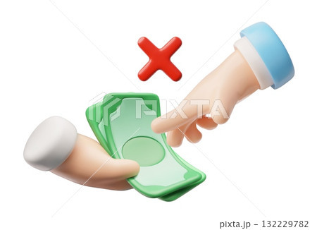 Dollar banknotes in hand, red cross sign 3D plastic style, vector corruption stop, illegal earnings income and business 132229782