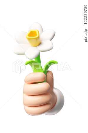 Realistic daffodil flower in hand 3D plastic style, vector cartoon beautiful spring blossom daisy plant with leaves gift Realistic daffodil flower in hand 3D plastic style, vector cartoon beautiful spring blossom daisy plant with leaves gift 132229789