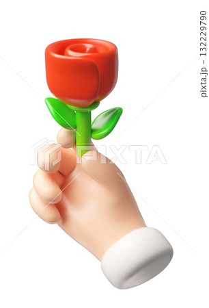 Realistic red rose flower in hand 3D plastic style, vector cartoon beautiful summer blossom plant gift presenting 132229790