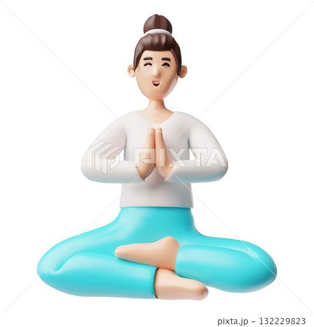 Young woman meditating in a lotus pose 3D plastic style, vector cartoon happy girl doing yoga, relax, healthy lifestyle Young woman meditating in a lotus pose 3D plastic style, vector cartoon happy girl doing yoga, relax, healthy lifestyle 132229823