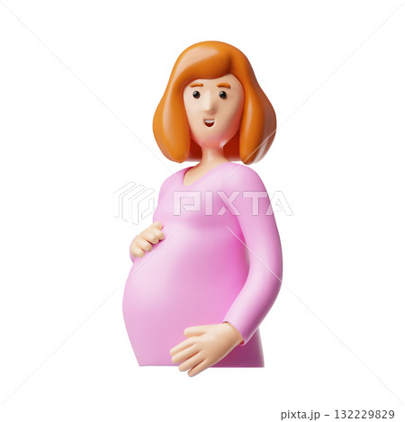 Beautiful pregnant woman with red hair, 3D vector character in pink blouse holds her big belly with hands half body 132229829