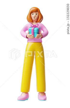 Woman holding gift box with bow vector 3D character full height, holiday surprise, birthday celebration, present excited Woman holding gift box with bow vector 3D character full height, holiday surprise, birthday celebration, present excited 132229830