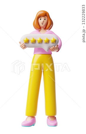 Beautiful woman holding speech bubble with five golden stars rating, 3D vector character with best feedback full height 132229833