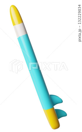 Surfboard, SUP board, 3D cartoon vector surfing blue board for active sport on water, ride wave tool with fins edge view Surfboard, SUP board, 3D cartoon vector surfing blue board for active sport on water, ride wave tool with fins edge view 132229834