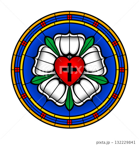 Luther Rose, Luther Seal, a symbol of Lutheranism and expression of theology and faith of Martin Luther. Roman cross over a red heart, in a white rose, over blue, with a golden ring. Isolated. Vector 132229841