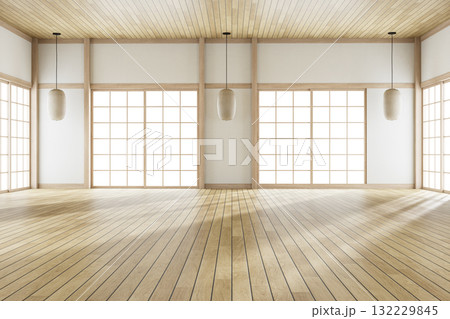 Japanese minimalist empty room interior with wide space and shoji sliding doors 3D render 132229845