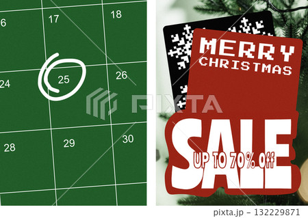 Christmas sale calendar promoting discounts with festive decorations during holiday season Christmas sale calendar promoting discounts with festive decorations during holiday season 132229871
