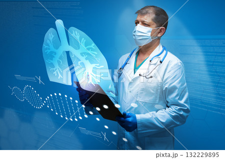 Medical professional examines lung health with digital technology in healthcare setting 132229895