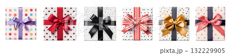 Gift present box with bow ribbon, polka dot circle collection on transparent background cutout. PNG file. Many assorted different design. Mockup template for artwork 132229905