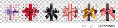 Gift present box with bow ribbon, polka dot circle collection on transparent background cutout. PNG file. Many assorted different design. Mockup template for artwork 132229905